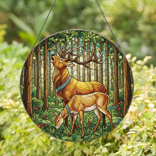 Stag Deer Antlers Celtic Knot Wildflower Forest - Nature Home Decor Gift Stained Glass Suncatcher
