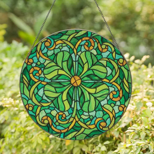 Botanical Four-Leaf Clover Shamrock Organic Leaf Swirls Mosaic - Good Luck Home Decor Gift Stained Glass Suncatcher