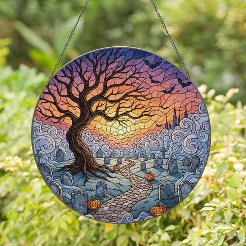 Spooky Graveyard Tree Bats Jack-o'-Lanterns - Halloween Party Decor for Horror Fans Stained Glass Suncatcher