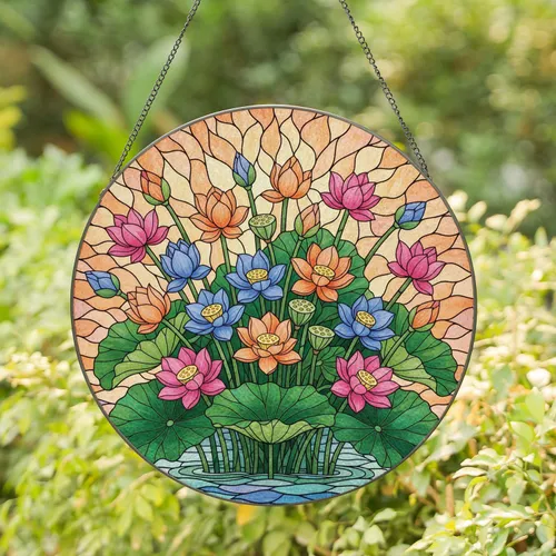 Lotus Flowers Lily Pads - Home Decor Gift for Garden Lover Stained Glass Suncatcher