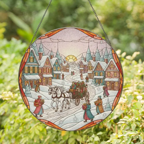 Horse Drawn Carriage White Horses Snowy Village Street Scene - Christmas Home Decor Stained Glass Suncatcher