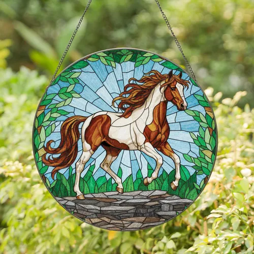 Pinto Horse Rock Formations Nature Mosaic - Wildlife Home Decor Gift for Horse Lover Stained Glass Suncatcher