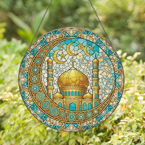 Golden Dome Mosque Minarets Crescent Moon Stars - Islamic Home Decor Gift Stained Glass Suncatcher