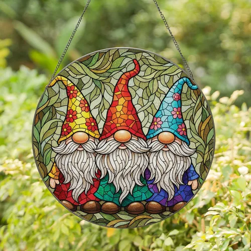 Three Garden Gnomes Mosaic Hats Beards Flowing Foliage Home Decor Gift - Gnome Lover Stained Glass Suncatcher