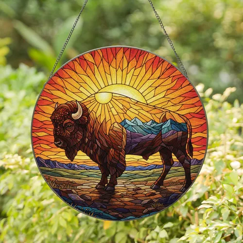 American Bison Sunset Prairie Mountains - Wildlife Lover Home Decor Gift Stained Glass Suncatcher