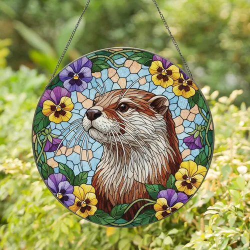 Majestic Otter Head Purple Yellow Pansy Floral - Wildlife Home Decor Gift Stained Glass Suncatcher