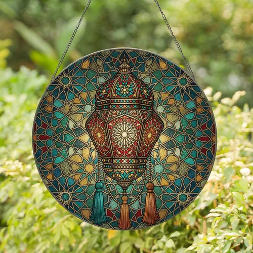 Moroccan Lantern Star Tassels Arabesque Mosaic - Home Decor Gift for Art Collectors Stained Glass Suncatcher