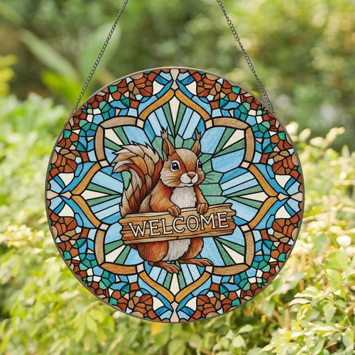 Fluffy Squirrel Welcome Sign Clover Mosaic - Wildlife Lover Home Decor Gift Stained Glass Suncatcher