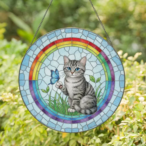 Rainbow Circle Grey Tabby Cat Blue Butterfly Grass - Home Decor Gift for Cat Lover Stained Glass Suncatcher