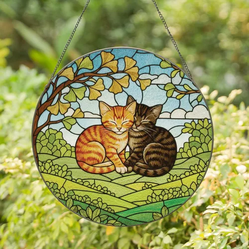 Snuggled Tabby Kittens Heart Ginkgo Leaves Sunlit Landscape - Home Decor Gift for Cat Lover Stained Glass Suncatcher