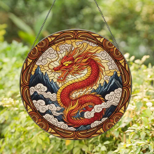 Eastern Dragon Fiery Mane Serpentine Coil Mountain Clouds - Fantasy Home Decor Gift Stained Glass Suncatcher