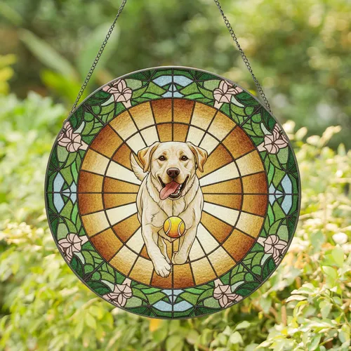 Yellow Labrador Retriever Dog Chasing Tennis Ball - Home Decor Gift for Dog Lovers Stained Glass Suncatcher