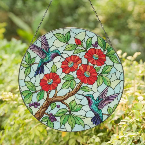 Iridescent Hummingbirds Red Flowers Branch Leaves - Wildlife Lover Gift Stained Glass Suncatcher