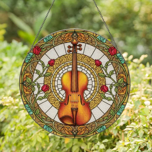 Classical Violin Red Rosebuds Botanical Organic Swirls Geometric Embellishment - Home Decor Gift Stained Glass Suncatcher