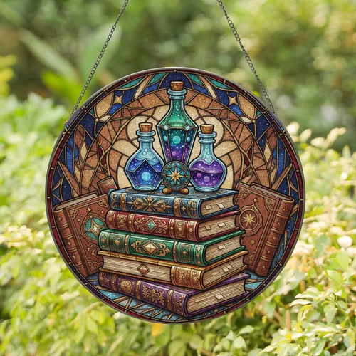 Antique Books Potion Bottles Star Orb - Enchanted Library Home Decor Gift Stained Glass Suncatcher