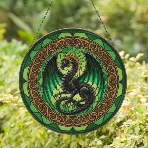 Black Dragon Emerald Green Wings Bronze Knotwork - Home Decor Gift for Dragon Lovers Stained Glass Suncatcher