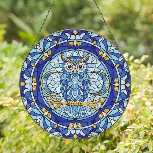 Owl Crescent Moon Branch Stained Glass - Home Decor Gift for Bird Lover Stained Glass Suncatcher