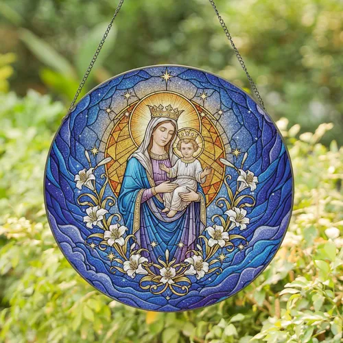 Virgin Mary Infant Jesus Crowned Stained Glass - Religious Home Decor Gift Stained Glass Suncatcher