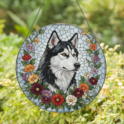 Majestic Husky Dog Bust Floral Mosaic - Home Decor Gift for Dog Lovers Stained Glass Suncatcher