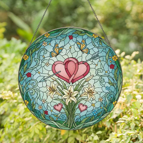 Interlocking Hearts Lilies Butterflies Floral Swirl Love Symbol Gift Stained Glass Suncatcher