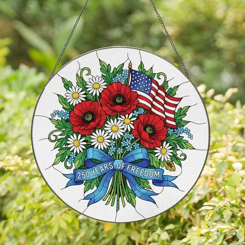 Poppy Daisy Forget-Me-Not American Flag 250 Year Anniversary Independence Day Gift for Veterans Stained Glass Suncatcher