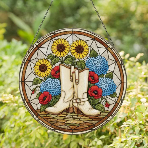 Vintage Boots Sunflower Hydrangea Poppy - Home Decor Gift for Garden Lover Stained Glass Suncatcher