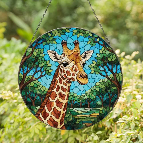 Giraffe Savanna Landscape Home Decor - Wildlife Lover Gift Stained Glass Suncatcher