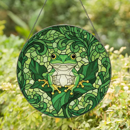 Green Tree Frog on Broad Leaves - Wildlife Lover Gift for Home Decor Stained Glass Suncatcher
