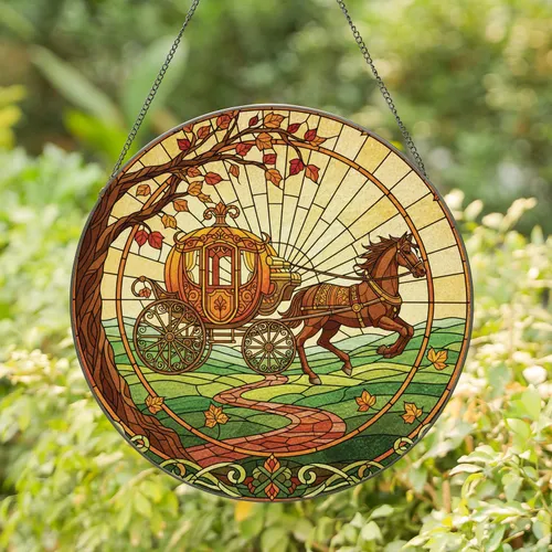 Stained Glass Pumpkin Carriage Horse Autumn Landscape - Window Decor Gift Stained Glass Suncatcher