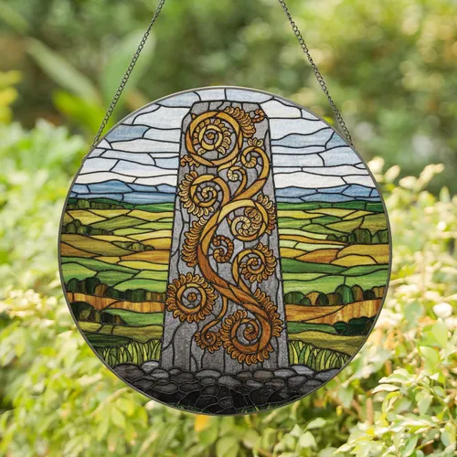 Stone Monolith Golden Tendril Landscape - Home Decor Gift Stained Glass Suncatcher