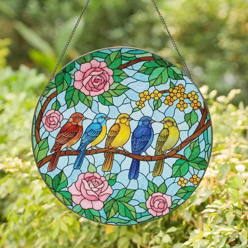 Five Songbirds Perched Roses Foliage Mosaic - Home Decor Gift for Bird Lovers Stained Glass Suncatcher