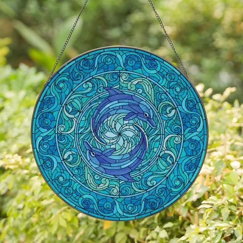 Blue Dolphins Aquatic Waves Stained Glass - Home Decor Gift for Ocean Lover Stained Glass Suncatcher