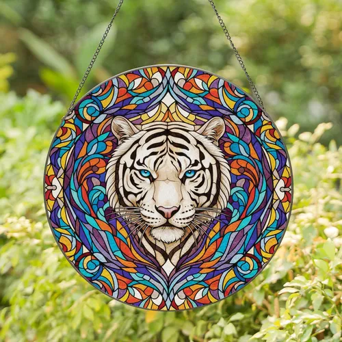 White Tiger Head Wing Floral Motifs Colorful Tapestry - Wildlife Lover Home Decor Gift Stained Glass Suncatcher