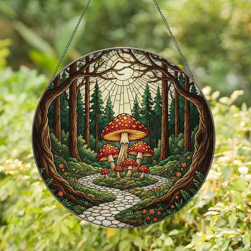 Forest Glowing Toadstool Mushroom Stone Path Pine Trees Scene - Home Decor Gift Stained Glass Suncatcher