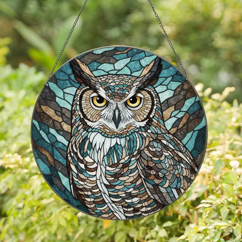 Majestic Horned Owl Lichen Feathers - Wildlife Lover Home Decor Gift for Bird Enthusiasts Stained Glass Suncatcher