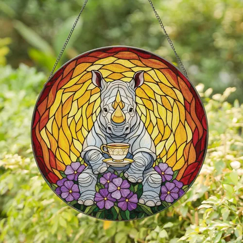 Rhinoceros Holding Teacup Purple Flowers Foliage - Home Decor Gift for Animal Lover Stained Glass Suncatcher