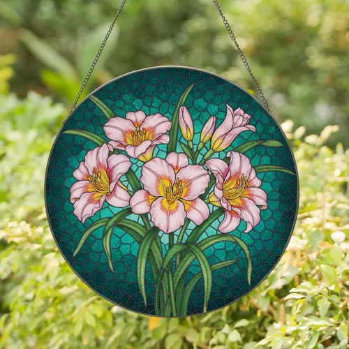 Multi-petaled Daylily Floral Bouquet Green Leaves - Everyday Window Decor Gift for Garden Lover Stained Glass Suncatcher