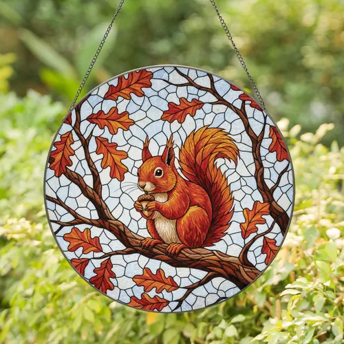 Red Squirrel Acorn Oak Leaves - Wildlife Home Decor Gift for Squirrel Lovers Stained Glass Suncatcher