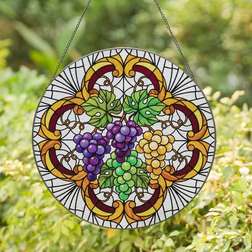 Lush Grape Bunches Leaves Quatrefoil Mosaic Border - Home Decor Gift for Garden Lover Stained Glass Suncatcher