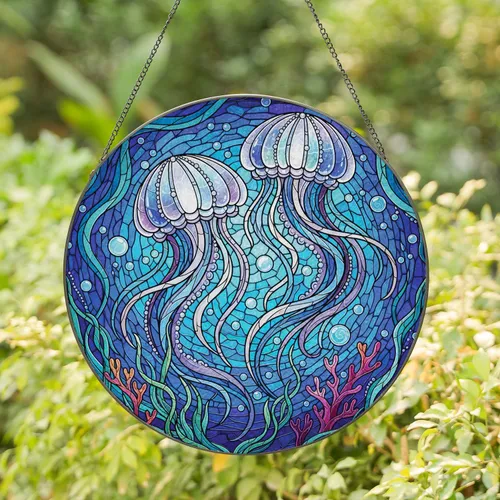Ethereal Jellyfish Ocean Swirls Aquatic Flora Coral Seaweed - Ocean Lover Home Decor Gift Stained Glass Suncatcher