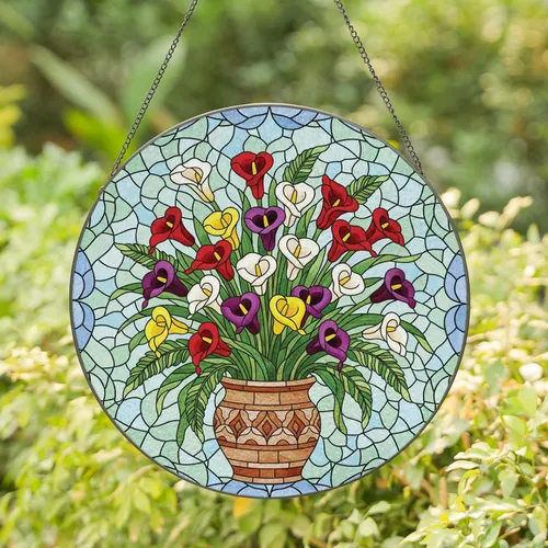 Overflowing Calla Lily Bouquet Pot Mosaic - Home Decor Gift for Garden Lover Stained Glass Suncatcher