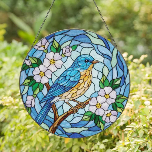 Blue Yellow Songbird Blossom Green Leaves Branch - Bird Lover Home Decor Gift Stained Glass Suncatcher