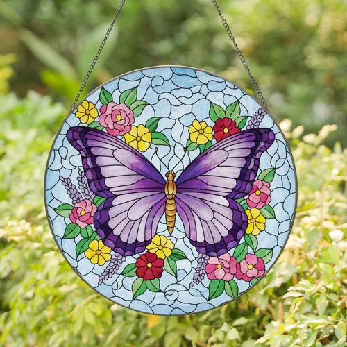Purple Butterfly Flowers Home Decor Gift for Butterfly Lover Stained Glass Suncatcher