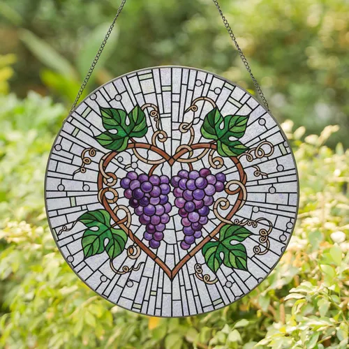 Heart Outline Deep Purple Grapes Green Grape Leaves - Home Decor Gift for Garden Lover Stained Glass Suncatcher