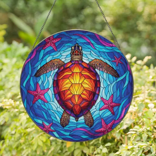Ocean Sea Turtle Starfish Home Decor Gift for Ocean Lovers Stained Glass Suncatcher