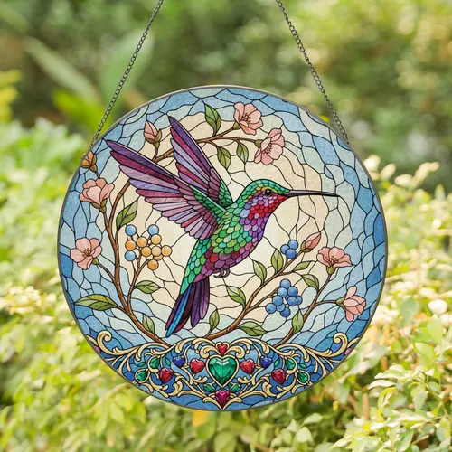 Hummingbird Jewel Heart Flowers Berries Sky - Wildlife Home Decor Gift for Bird Lover Stained Glass Suncatcher