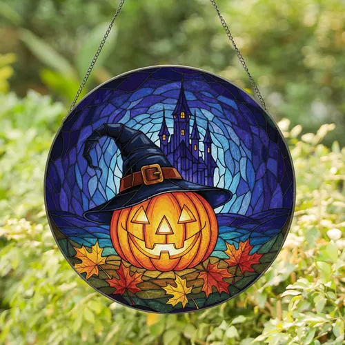 Jack-o'-lantern Witch Hat Castle Maple Leaves - Halloween Decor Gift Stained Glass Suncatcher