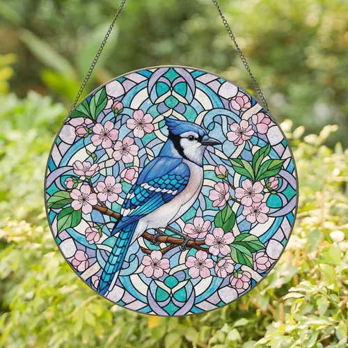 Blue Jay Flowering Branch Cherry Blossom - Nature Wildlife Home Decor Gift for Bird Lover Stained Glass Suncatcher