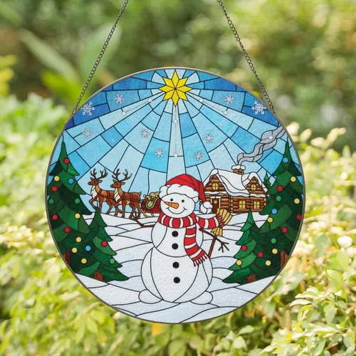 Snowman Reindeer Pine Trees Winter Cabin Scene with Star Christmas Gift for Home Stained Glass Suncatcher