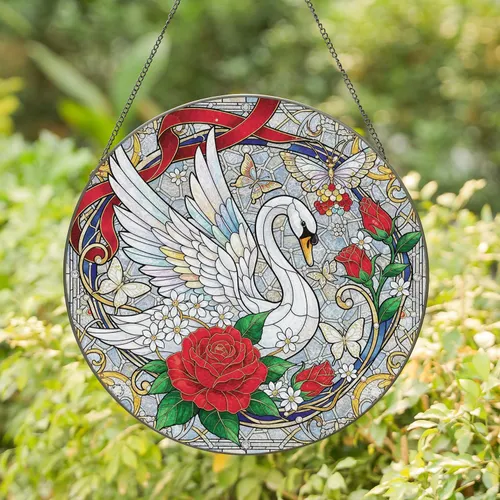 White Swan Red Rose Butterflies Winged Creature Filigree - Home Decor Gift Stained Glass Suncatcher